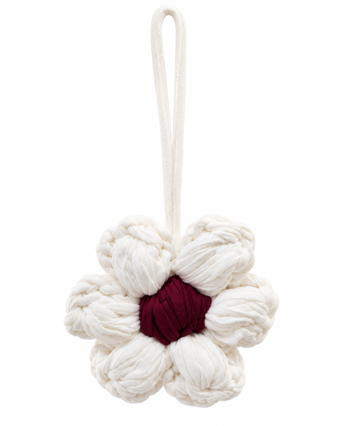 Handmade Snow Blossom Bag Charm – Weiß & Bordeaux