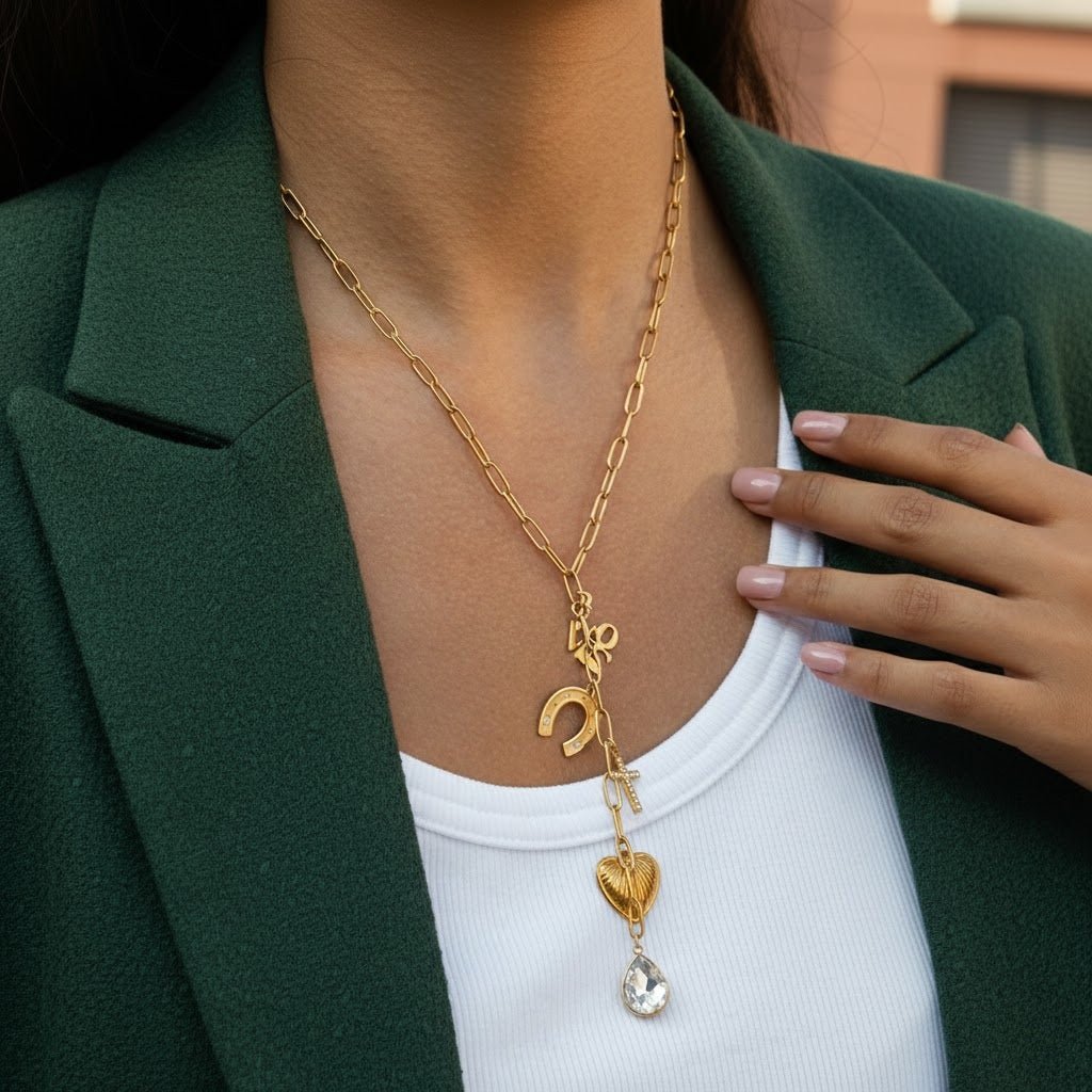 Charm Cascade Necklace – Symbolkette mit Love - , Cross - , Shell - & Crystal - Anhängern - PULXERA