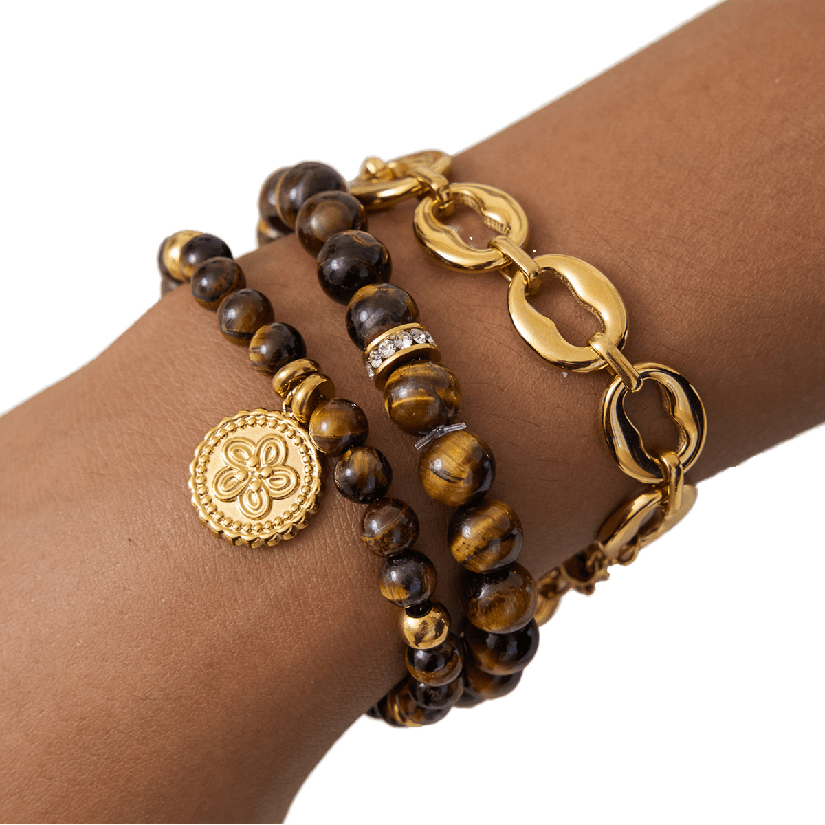 Tiger Eye Beads Armband im 18K Gold look - PULXERA