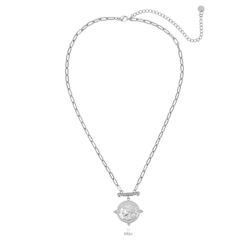 Edelstahl Halskette mit Münz-Anhänger Silber