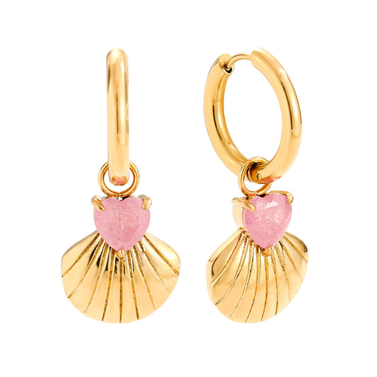 Goldene Creolen mit Muschel-Anhänger & rosa Herzstein