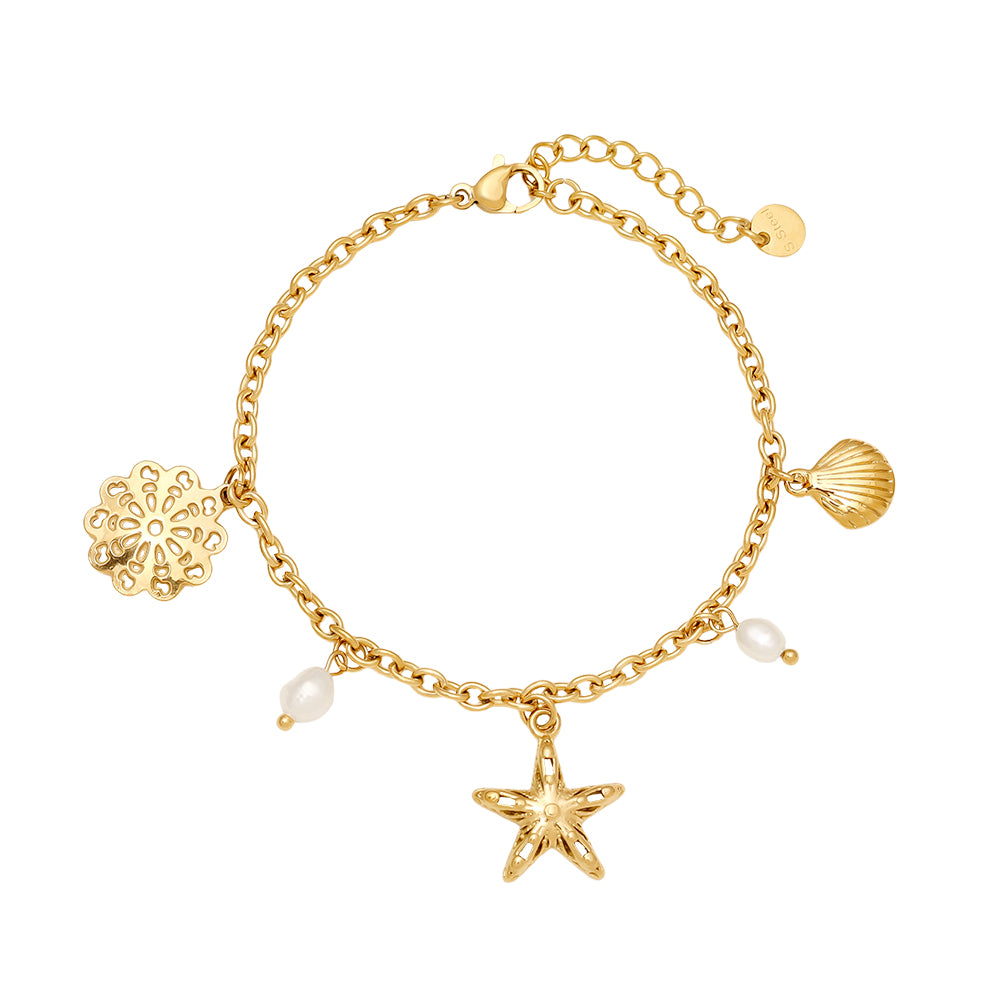 Goldene Ocean Armkette mit Perlen & Muschel-Charms