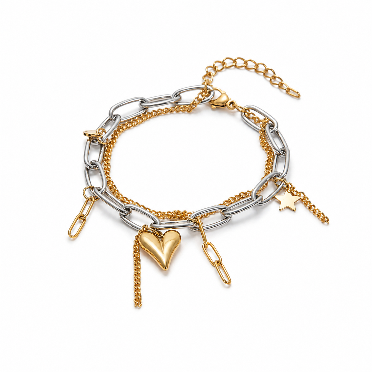 Bicolor Heart Charm Armband – Gold & Silber