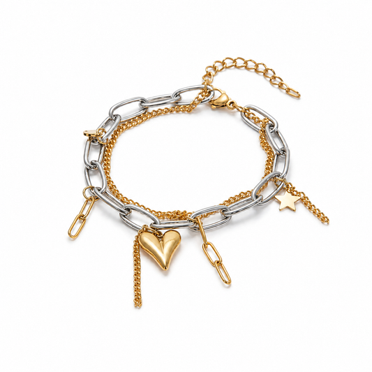 Bicolor Heart Charm Armband – Gold & Silber