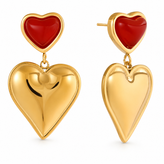 Goldene Herz Statement Ohrringe mit rotem Herz – 18K Vergoldung