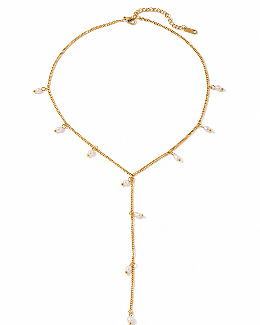 Golden Y-necklace – Elegant necklace with drop pearls and long pendant