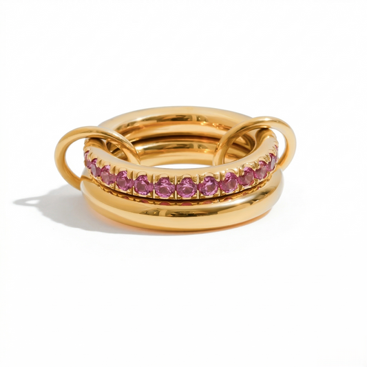Pink Zirkonia Stapelring im 18K Gold Look | 3-fach Ring
