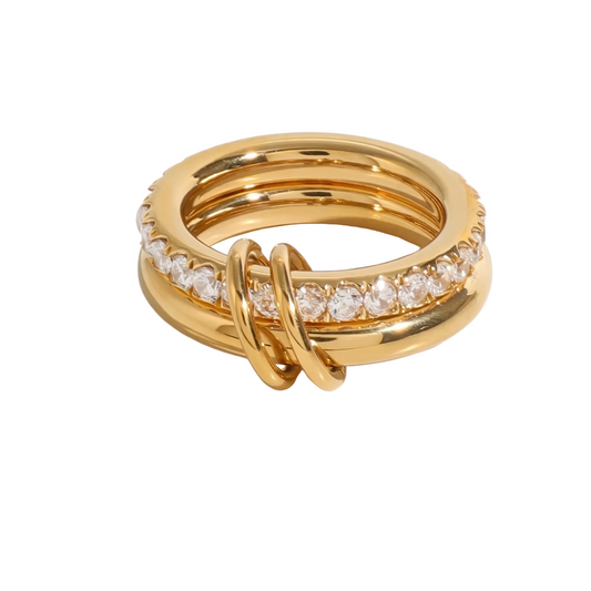 Diamant Stapelring im 18K Gold Look | Weiße Zirkonia | 3-fach Ring