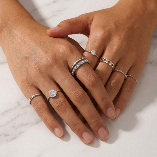 3er Perlen Stapelring Silberlook getragen an der Hand – Edelstahl Ring Set mit Perlenband wasserfest PULXERA