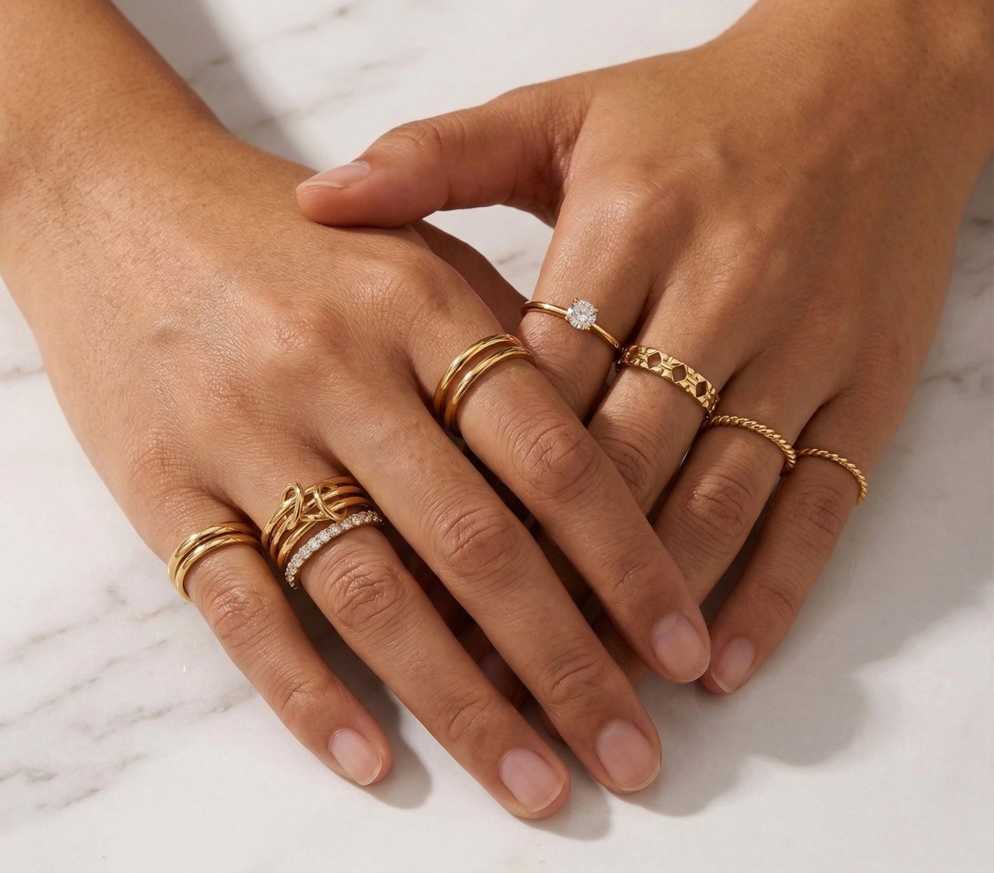 Diamant Stapelring im 18K Gold Look | 5-fach Ring mit Zirkonia | Edelstahl