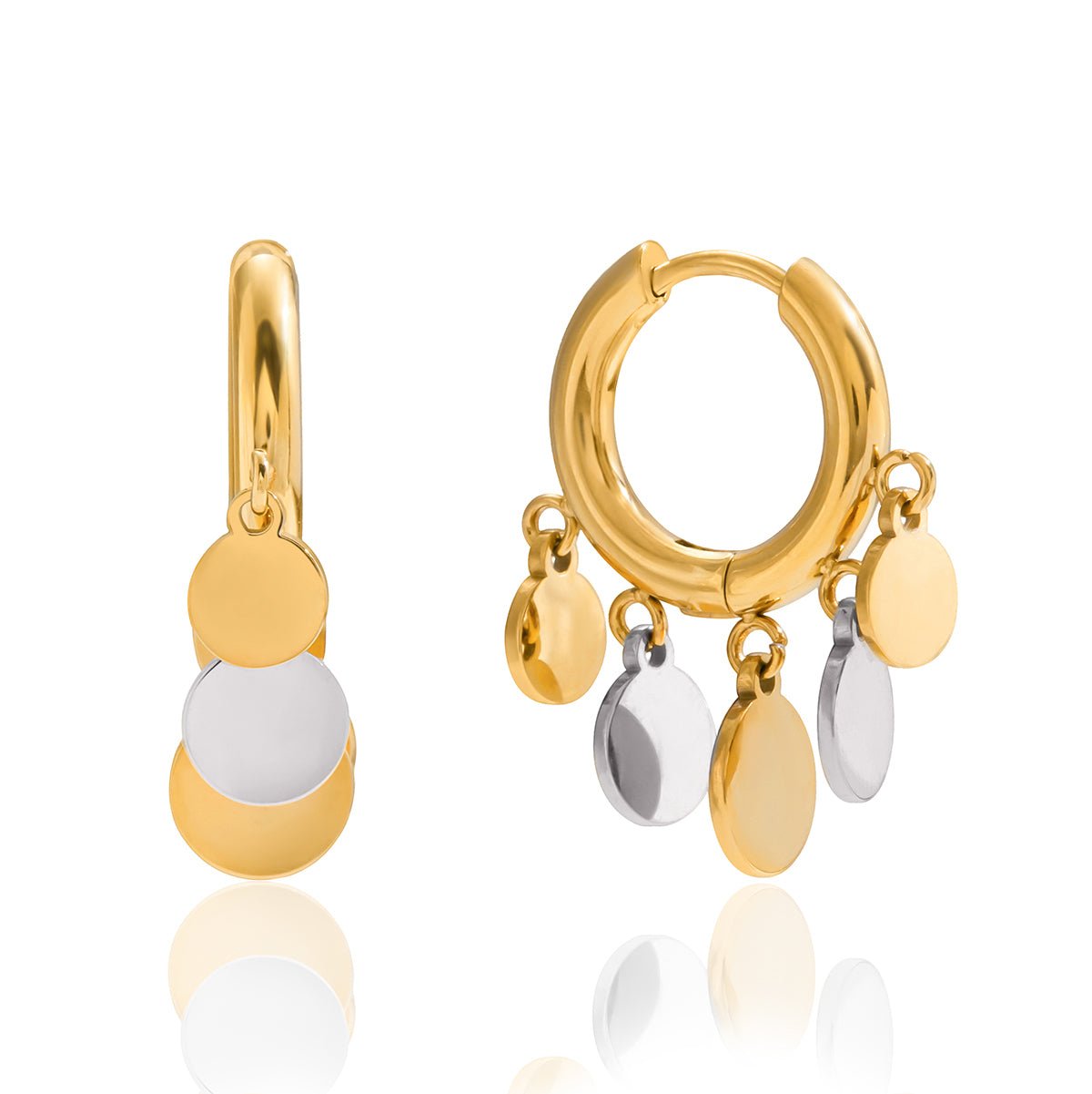 Bi - Color Dangle Hoops – Gold - Silber Creolen mit schimmernden Plättchen - PULXERA