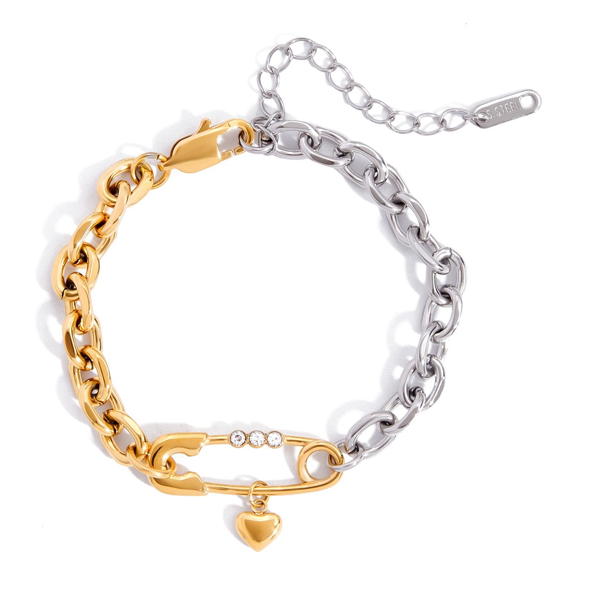 Bicolor - Statement - Armband – Gold & Silber mit Sicherheitsnadel - Design & Herzanhänger - PULXERA