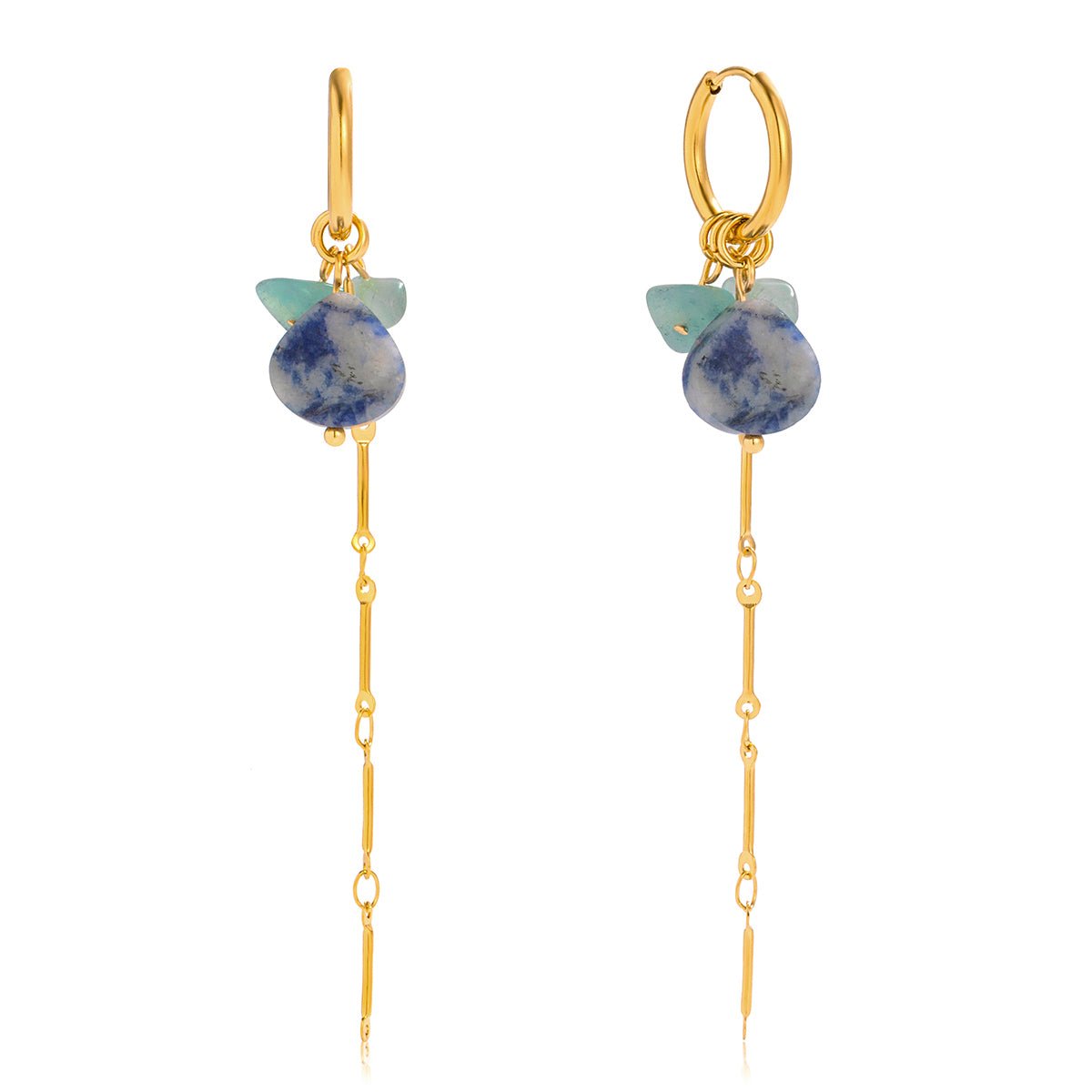 Blue Stone Drops – Goldene Hängeohrringe mit Naturstein & Filigraner Kette - PULXERA
