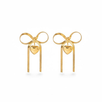 Bow & Heart Drop Earrings – Vergoldete Schleifen - Ohrringe mit Herzanhänger - PULXERA