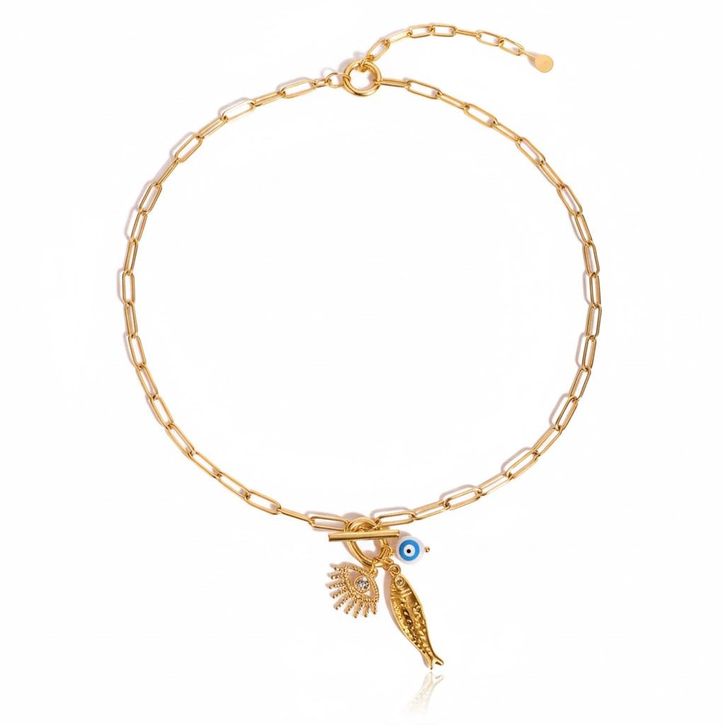 Charm Harmony Necklace – Goldkette mit Nazar - Auge, Fisch & Schutzhand Anhänger - PULXERA
