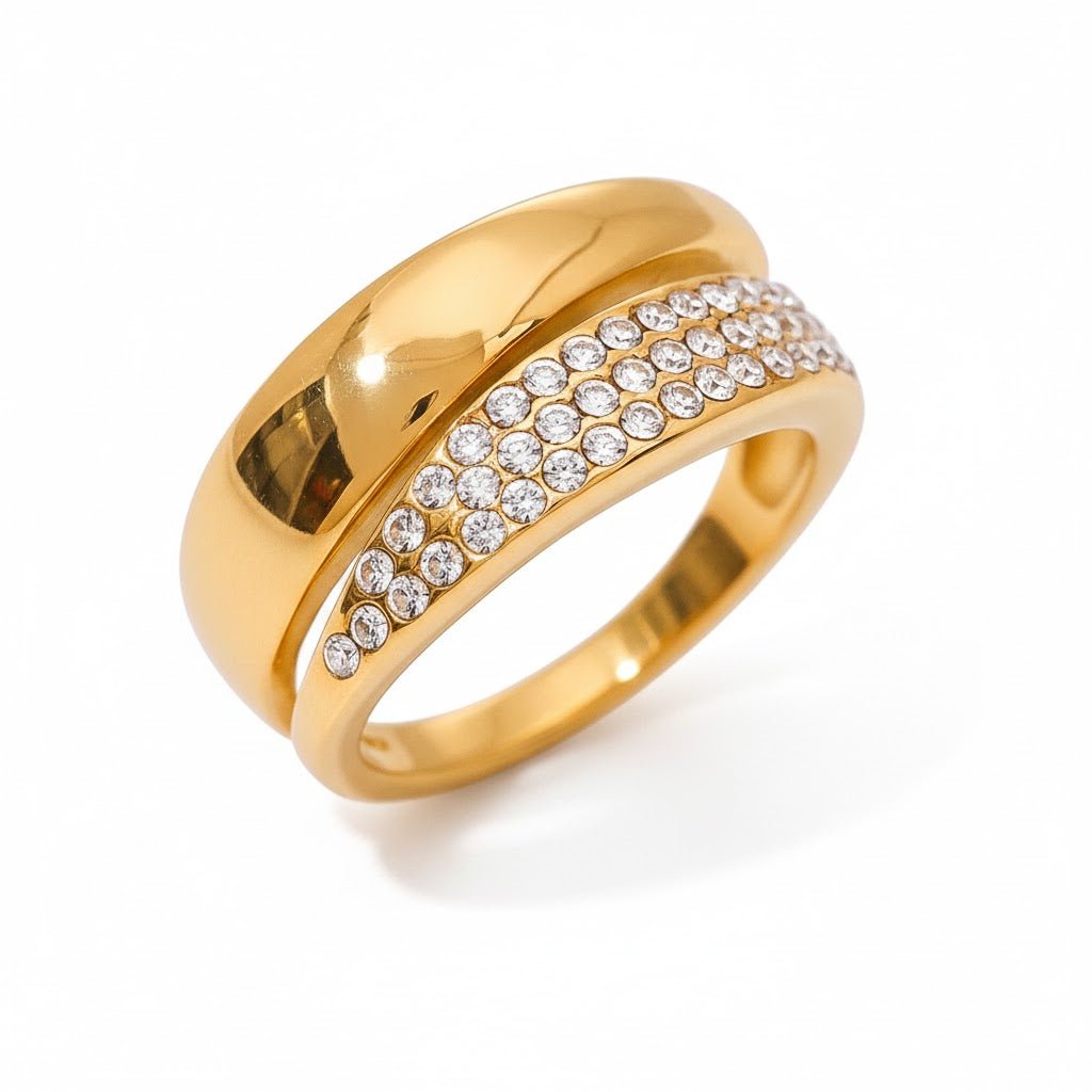 Dual Luxury Band Ring – Vergoldeter Doppelring mit funkelnden Zirkonia - PULXERA