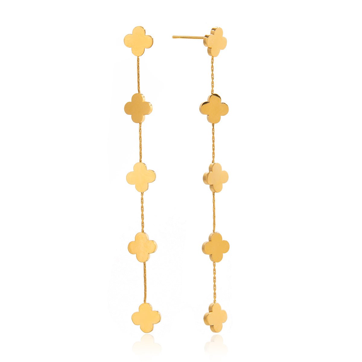 Elegante Vierblatt - Blüten Ohrringe – Goldene, lange Kettenohrringe - PULXERA