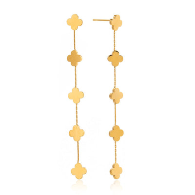 Elegante Vierblatt - Blüten Ohrringe – Goldene, lange Kettenohrringe - PULXERA