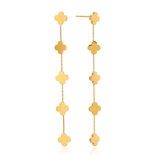 Elegante Vierblatt - Blüten Ohrringe – Goldene, lange Kettenohrringe - PULXERA