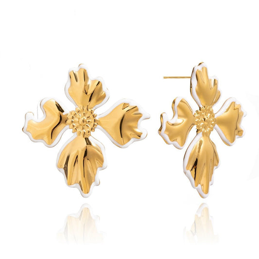 Golden Bloom Cross – Statement - Blüten Ohrringe in Gold & Weiß - PULXERA