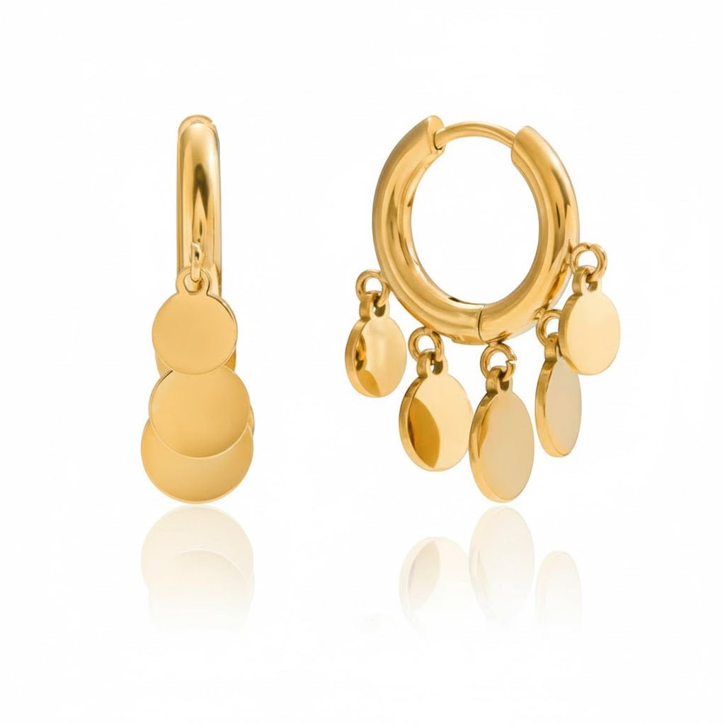 Golden Cascade Hoops – Elegante Creolen mit schimmernden Plättchen - Anhängern - PULXERA