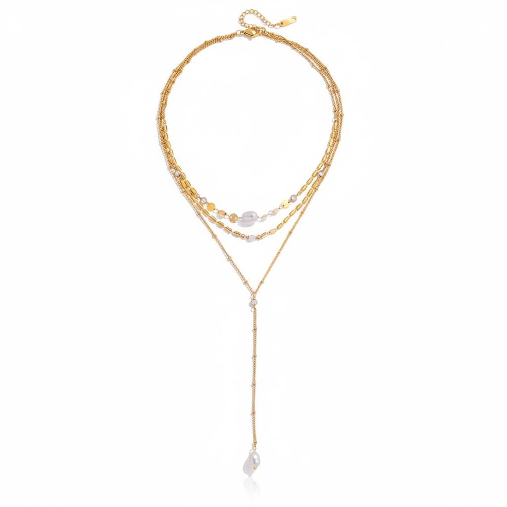 Golden Elegance Pearl Layer Necklace – Mehrlagige Goldkette mit Perlen & Y - Anhänger - PULXERA