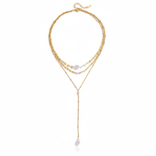 Golden Elegance Pearl Layer Necklace – Mehrlagige Goldkette mit Perlen & Y - Anhänger - PULXERA