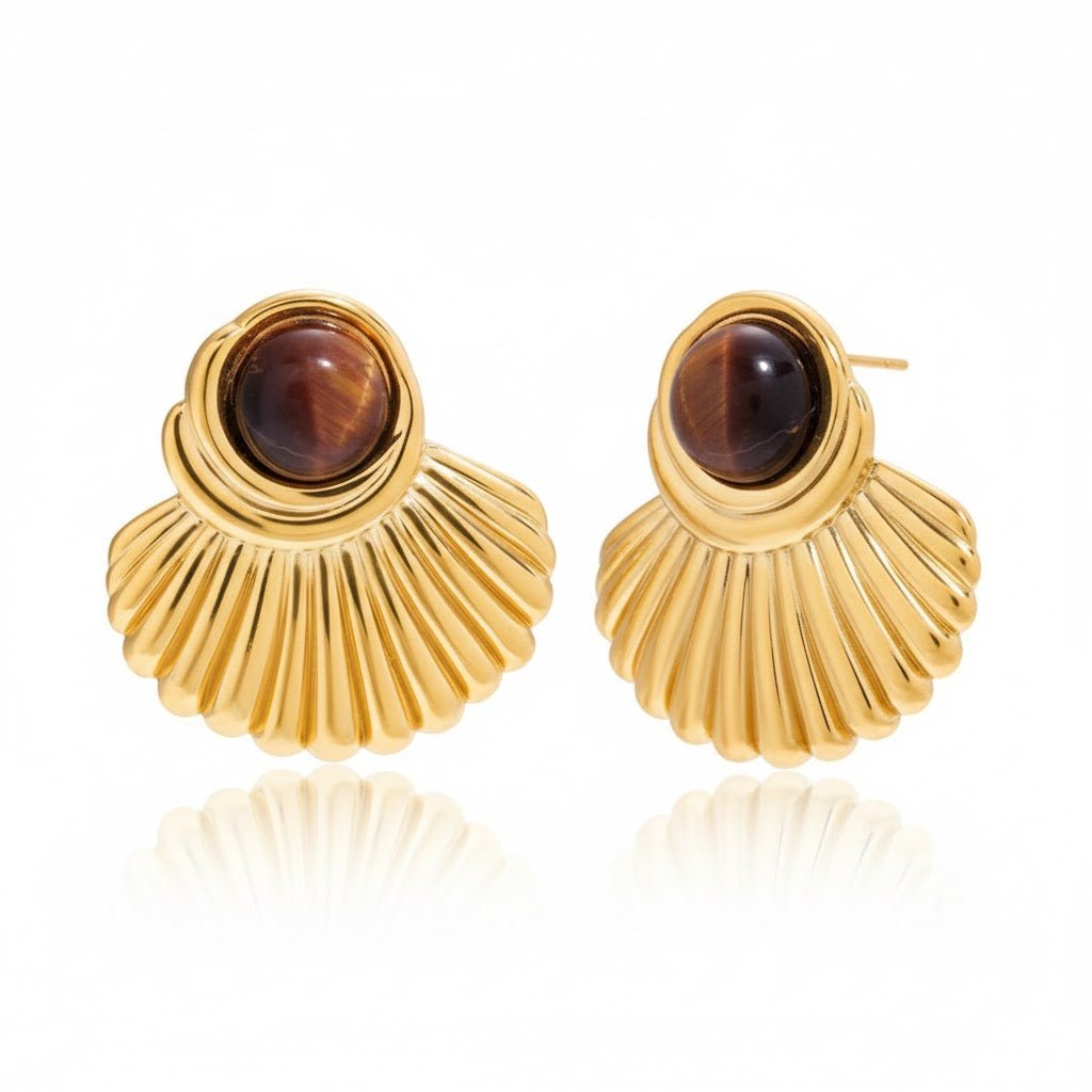 Golden Shell Elegance – Goldene Muschel - Ohrringe mit Tigerauge - Effekt - PULXERA