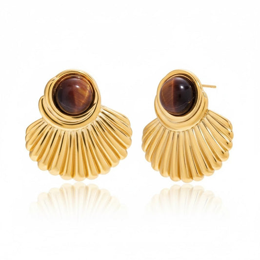 Golden Shell Elegance – Goldene Muschel - Ohrringe mit Tigerauge - Effekt - PULXERA