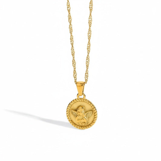 Halskette „Angel Coin“ – Goldene Medaille mit Engelmotiv - PULXERA