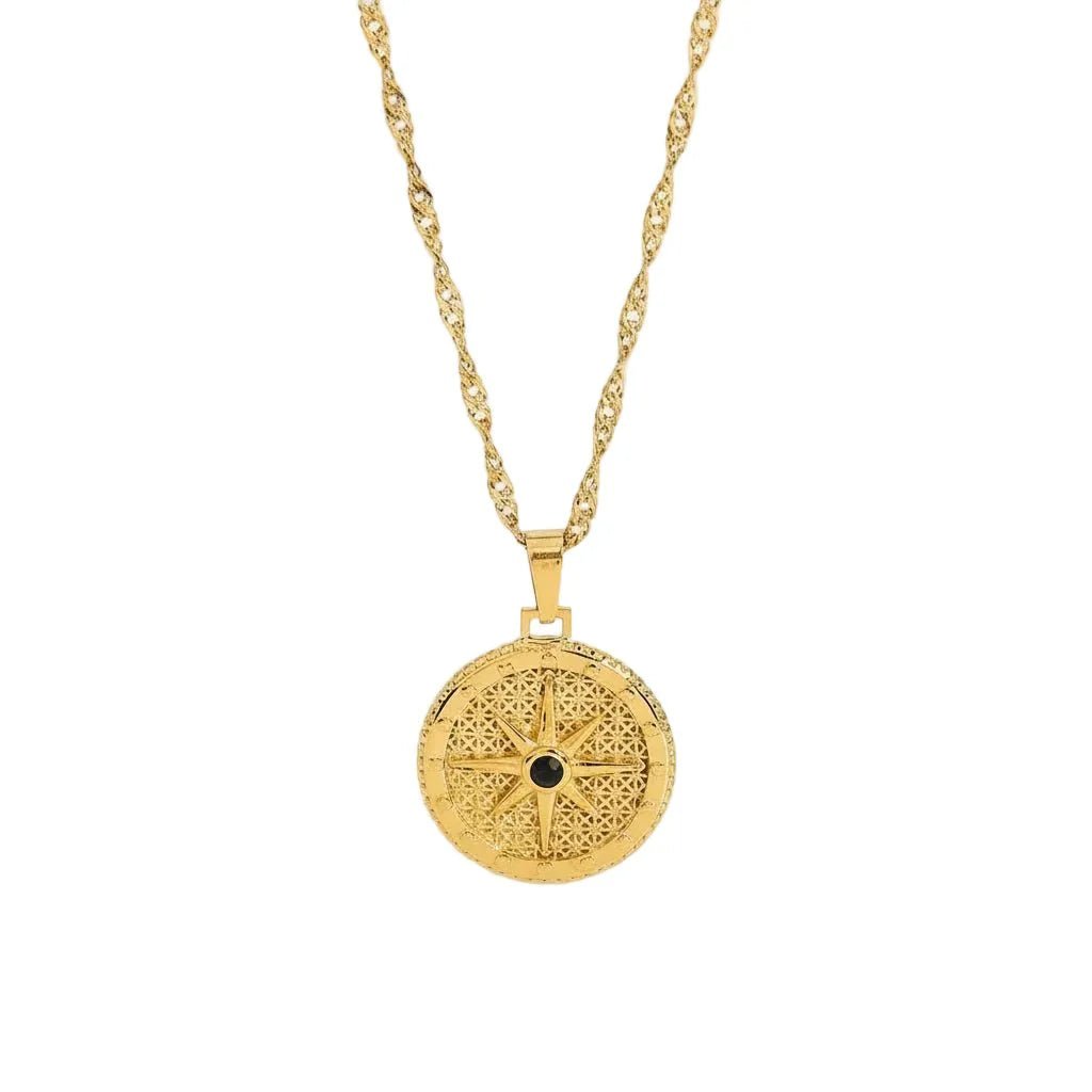 Kompass Royal – Vergoldete Kompass - Halskette mit schwarzem Stein - PULXERA