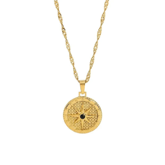 Kompass Royal – Vergoldete Kompass - Halskette mit schwarzem Stein - PULXERA