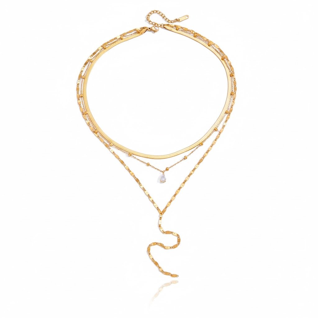 Layered Pearl Drop Necklace – 3 - lagige goldene Halskette mit Tropfenperle - PULXERA