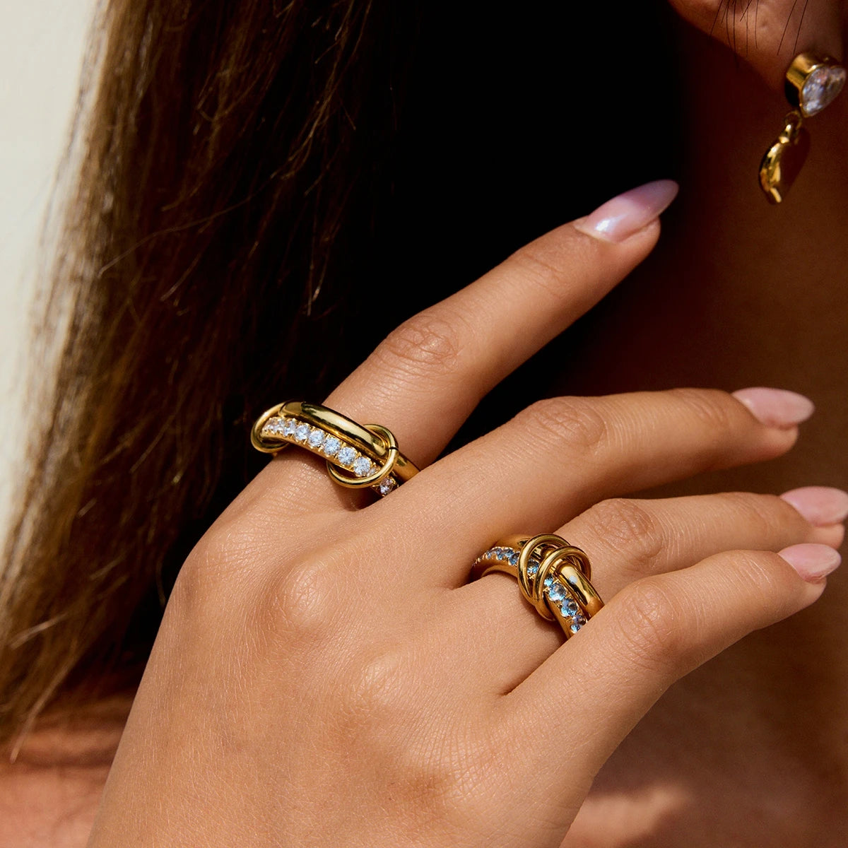 Diamant Stapelring im 18K Gold Look | Weiße Zirkonia | 3-fach Ring