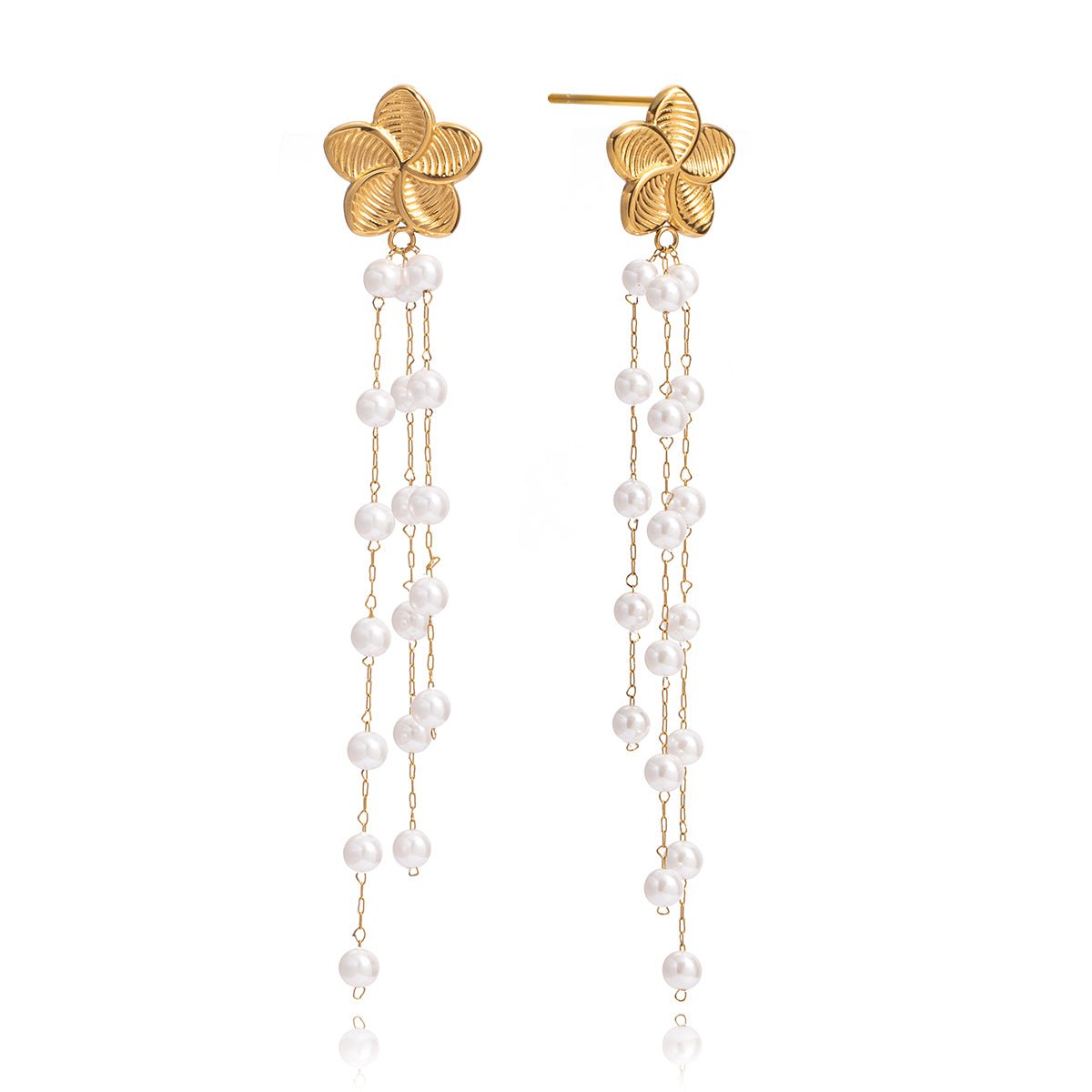Pearl Blossom Drop Earrings – Elegante Blumen - Ohrringe mit Perlenketten - PULXERA