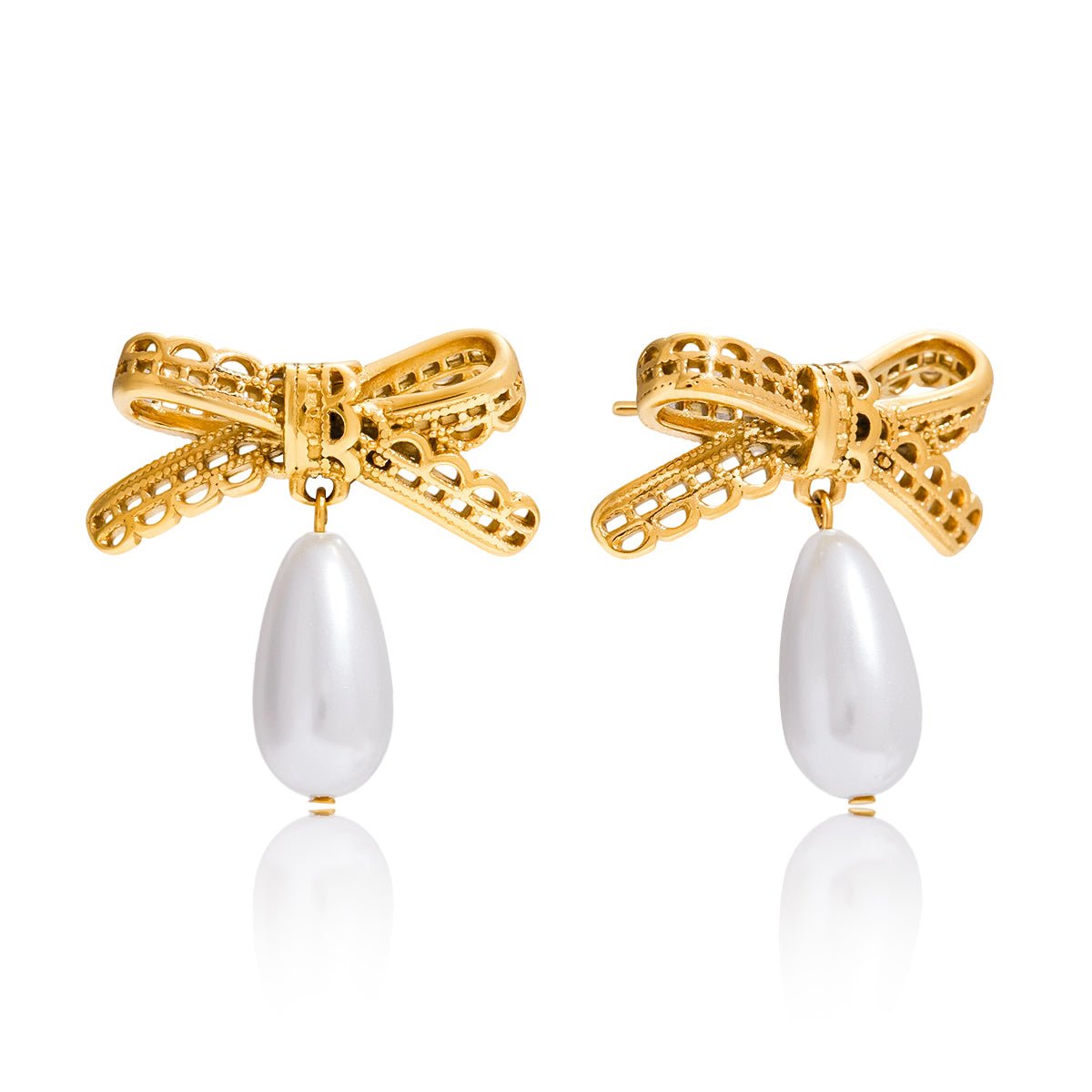 Royal Ribbon Pearl – Goldene Schleifenohrringe mit Tropfenperle - PULXERA