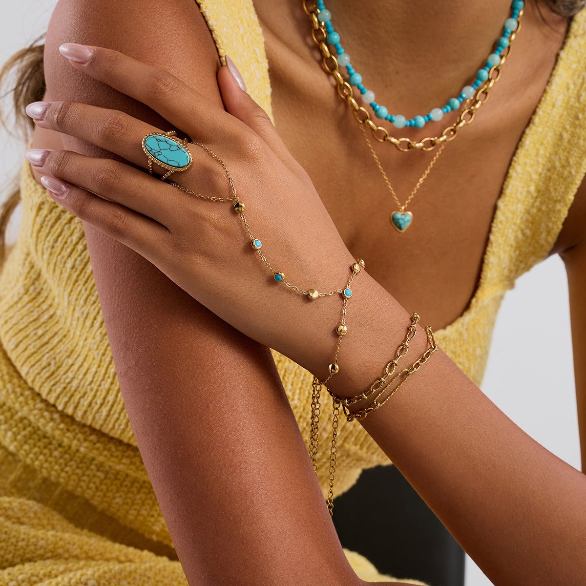 Turquoise Drops Handkette im 18K Gold look - PULXERA