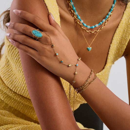 Turquoise Drops Handkette im 18K Gold look - PULXERA