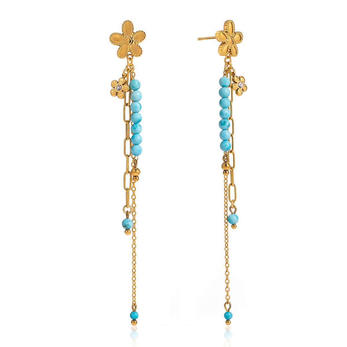 Turquoise Flower Chain Earrings – Elegante Tropfenohrringe mit Türkis - Perlen & Blumen - Detail - PULXERA
