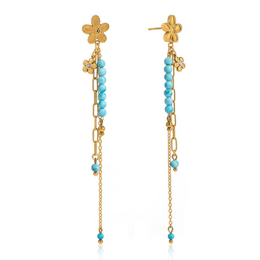 Turquoise Flower Chain Earrings – Elegante Tropfenohrringe mit Türkis - Perlen & Blumen - Detail - PULXERA